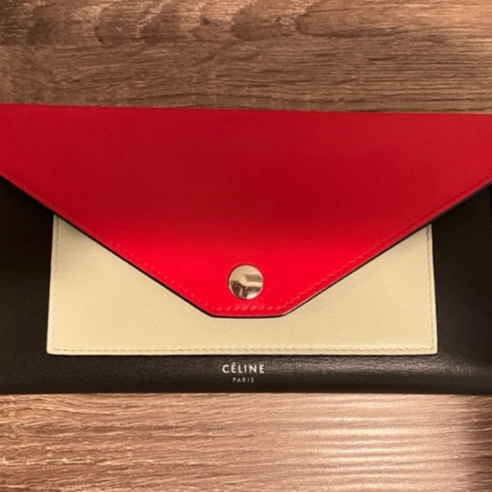 Celine Tricolor Red/Black/Taupe Envelope Trifold Leather Wallet